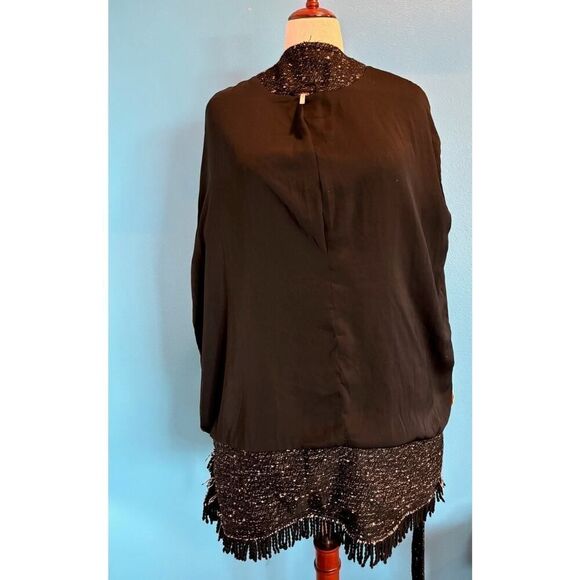 Free People UO Fringe Trim Open Front Coat Jacket Lined Self-Tie Belt M Black - Picture 8 of 10